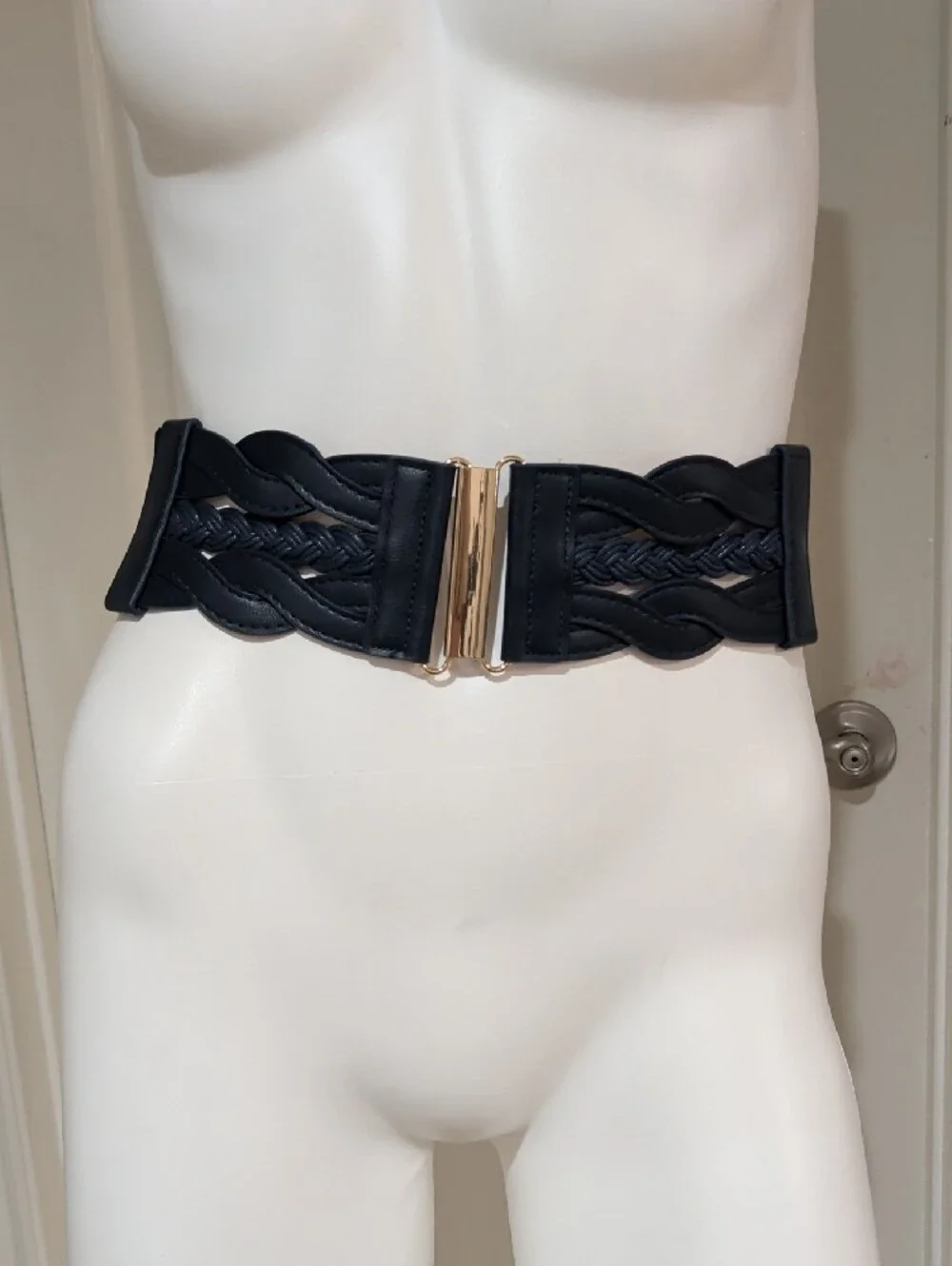 Navy Blue Elastic Braided Leather Wide Cinch Belt W/ Gold Accents 28